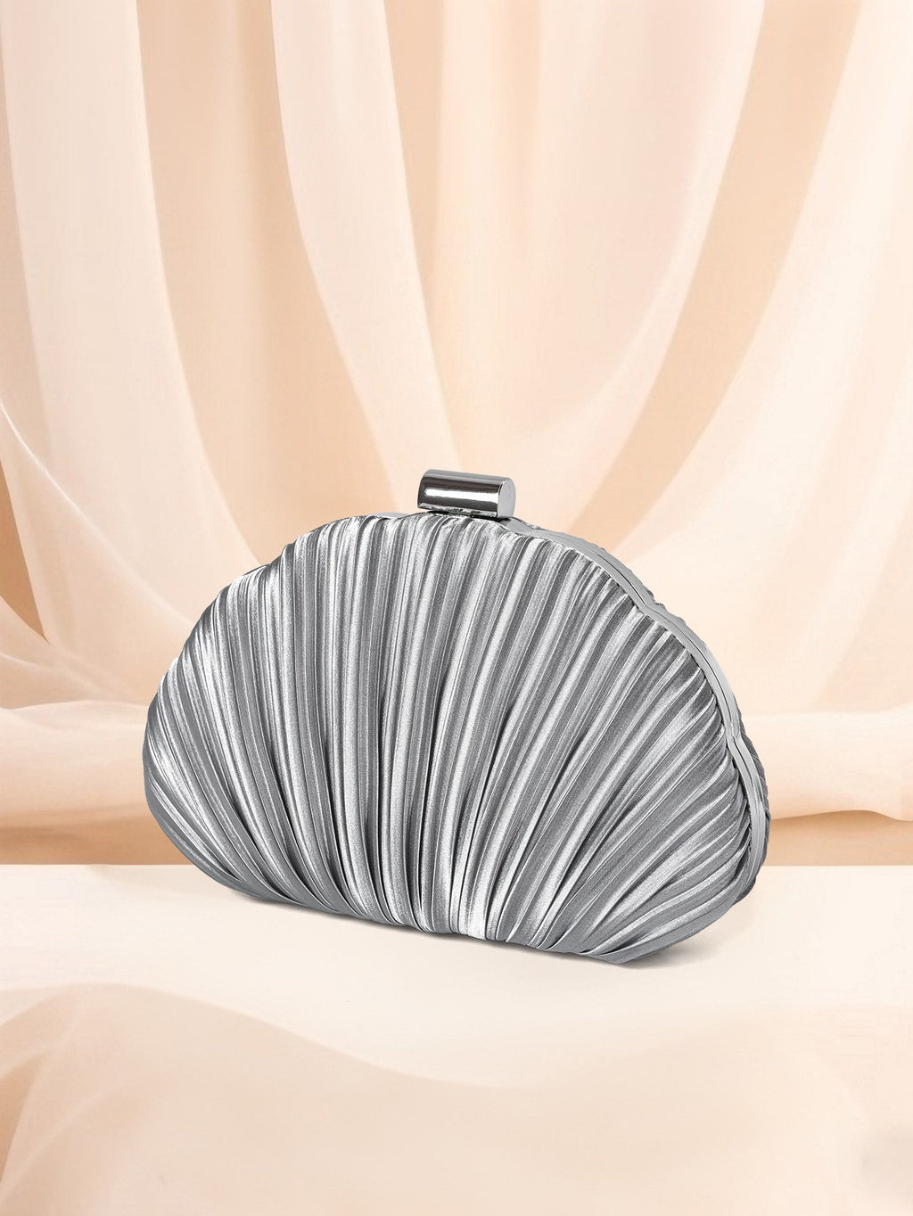 Pleated Satin Shell Clutch with Chain Strap