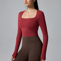 Square Neck Open Back Long Sleeve Cropped Workout Top - Cherry Red