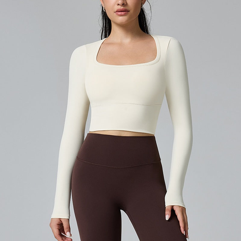 Square Neck Open Back Long Sleeve Cropped Workout Top - Cream White