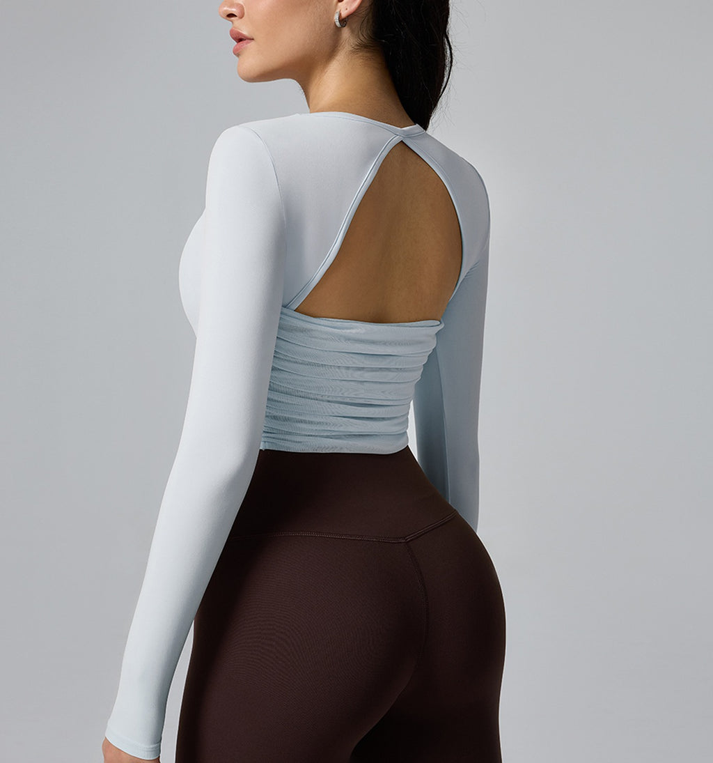 Square Neck Open Back Long Sleeve Cropped Workout Top - Mist Blue