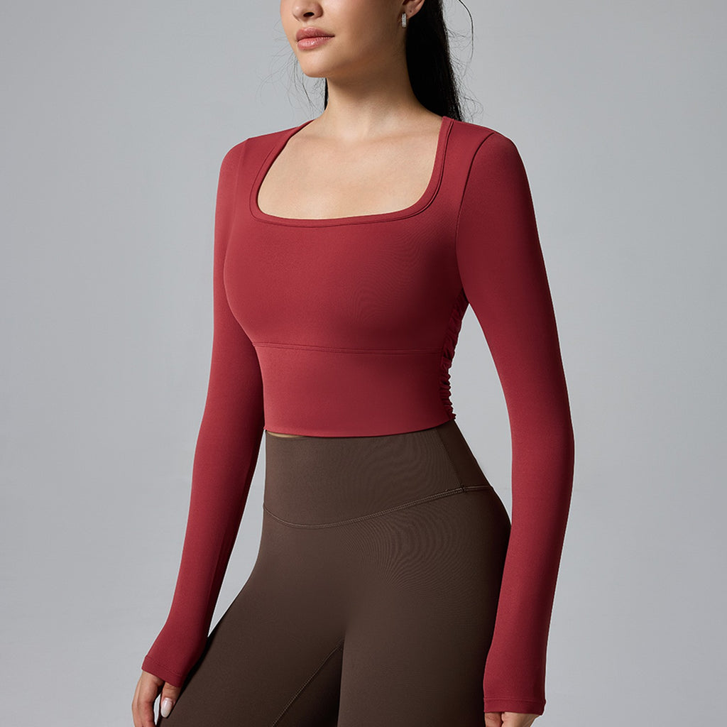 Square Neck Open Back Long Sleeve Cropped Workout Top