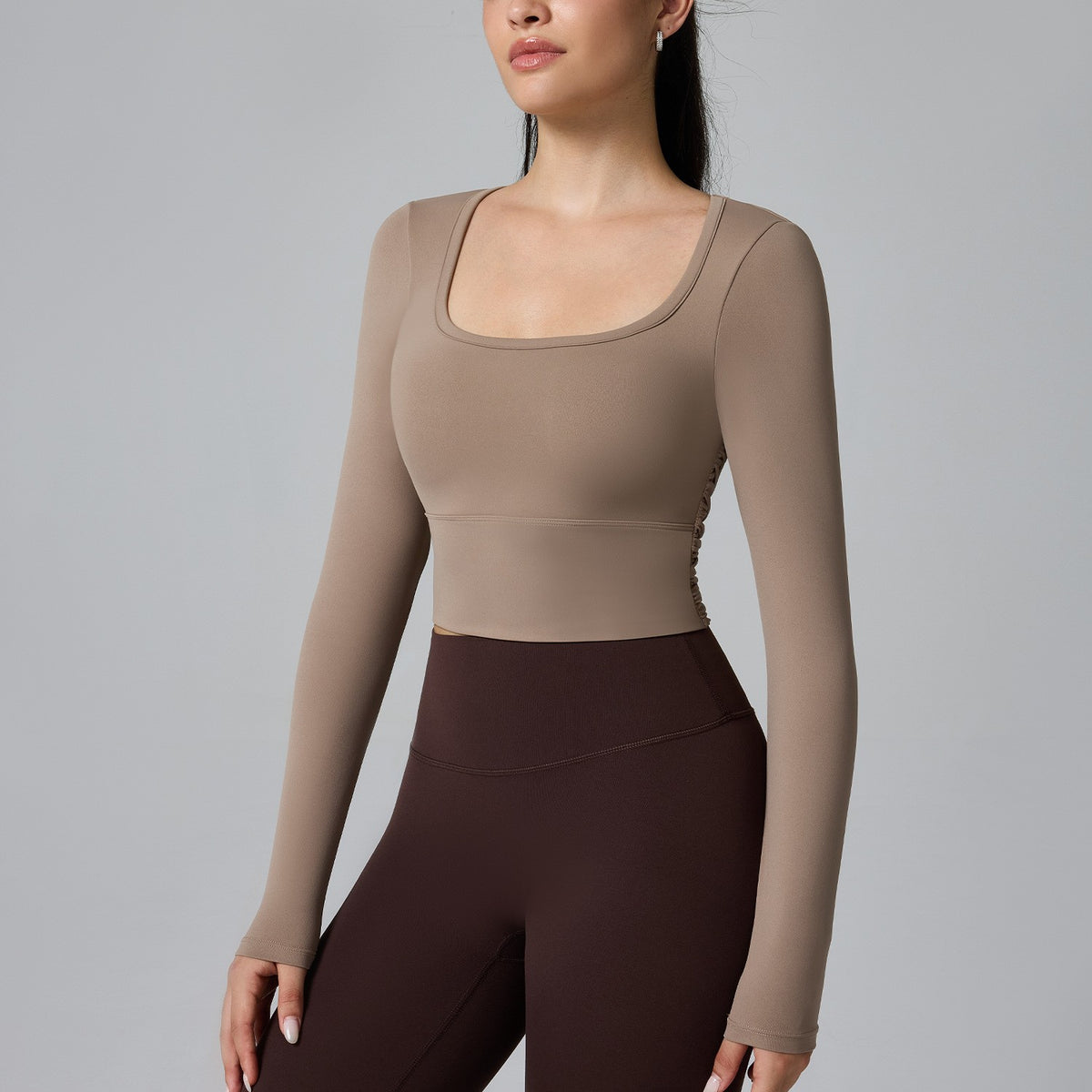Square Neck Open Back Long Sleeve Cropped Workout Top