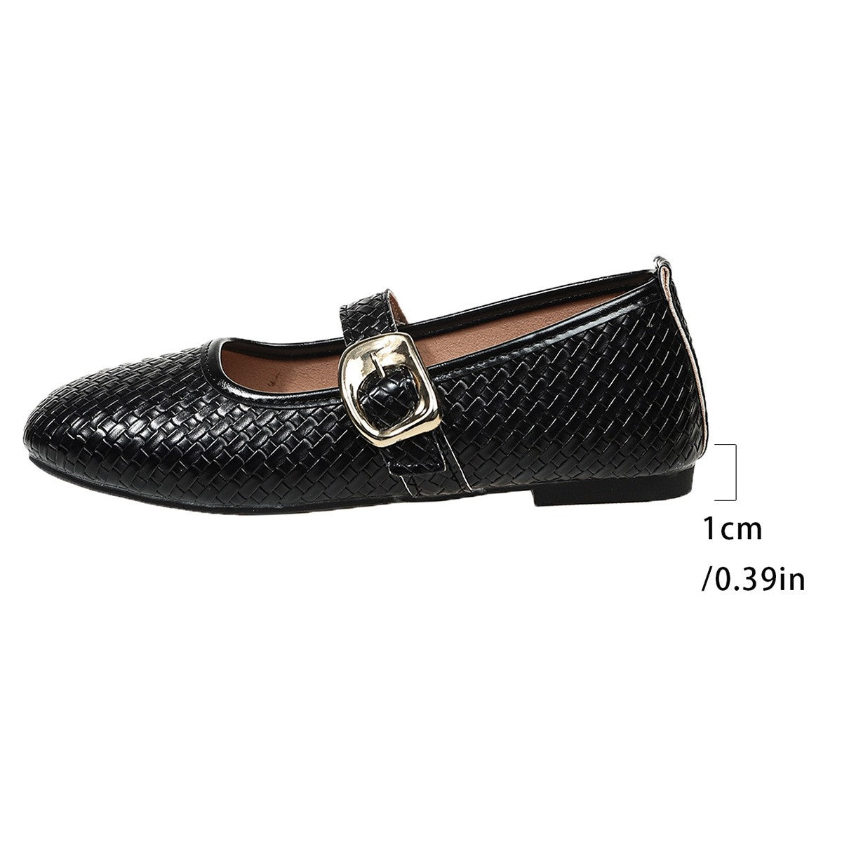 Woven Texture Buckle Strap Mary Jane Flats - Black