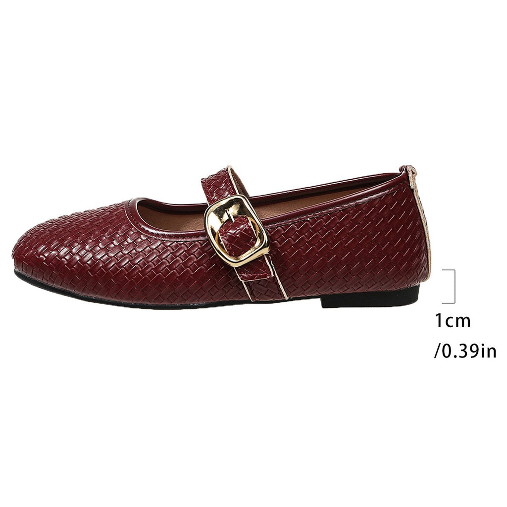 Woven Texture Buckle Strap Mary Jane Flats - Burgundy