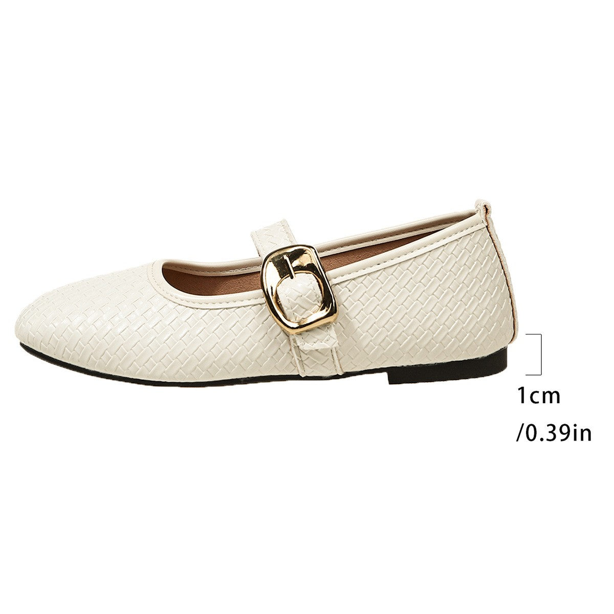 Woven Texture Buckle Strap Mary Jane Flats - Cream