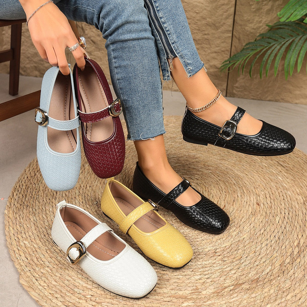 Woven Texture Buckle Strap Mary Jane Flats