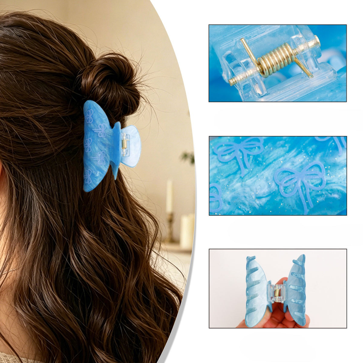 Bow Print Hair Claw Clip in Large Marbled Acrylic - Blue - 1