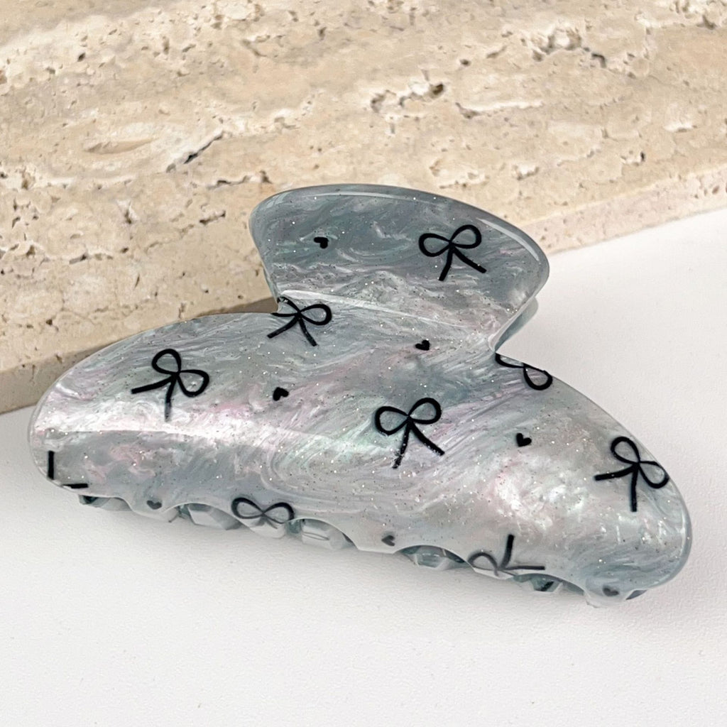 Bow Print Hair Claw Clip in Large Marbled Acrylic - Grey