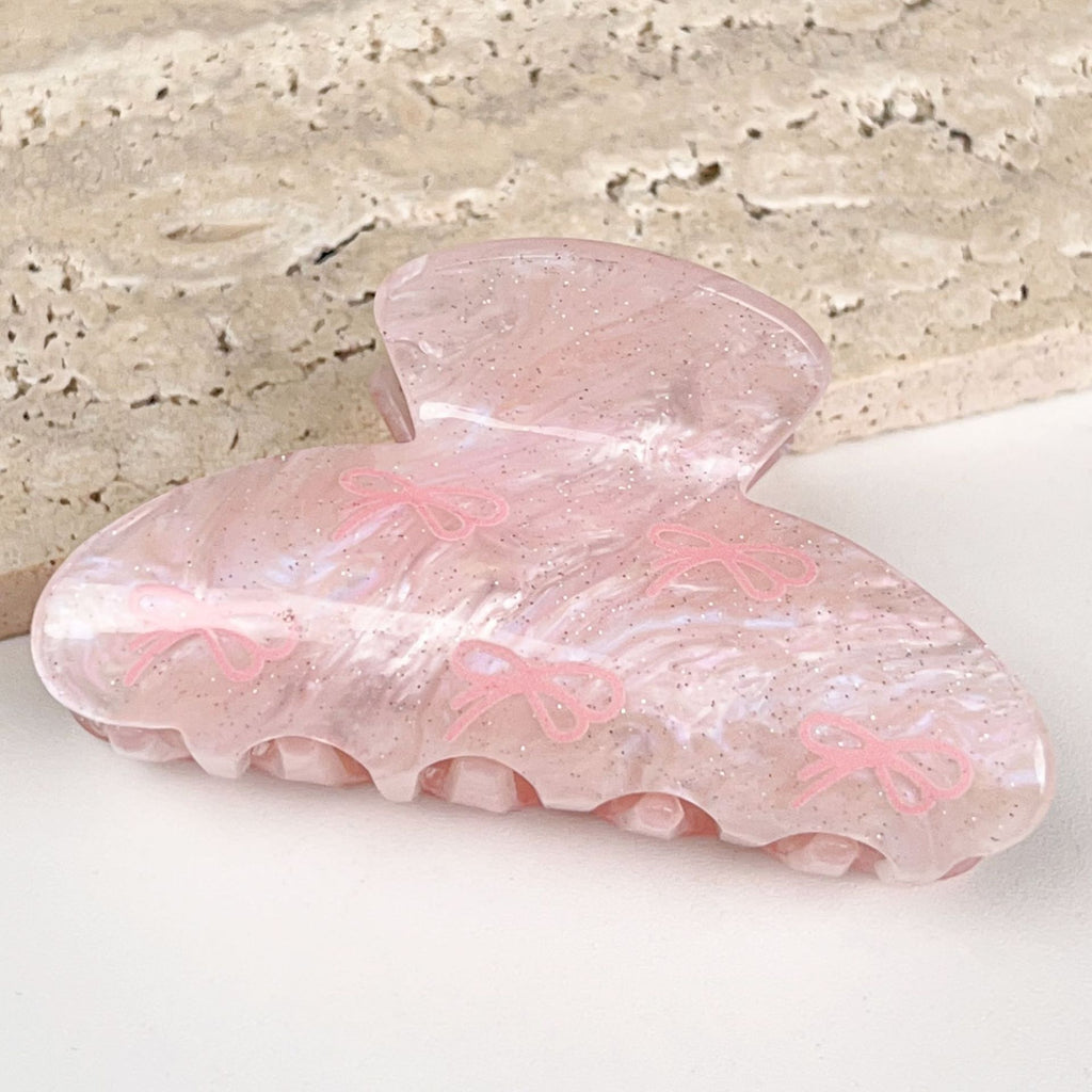 Bow Print Hair Claw Clip in Large Marbled Acrylic - Pink