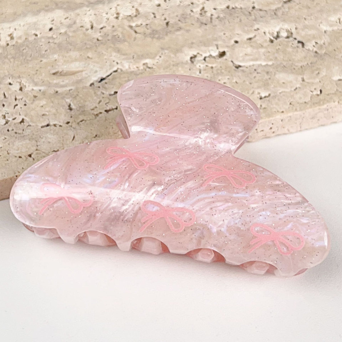 Bow Print Hair Claw Clip in Large Marbled Acrylic - Pink