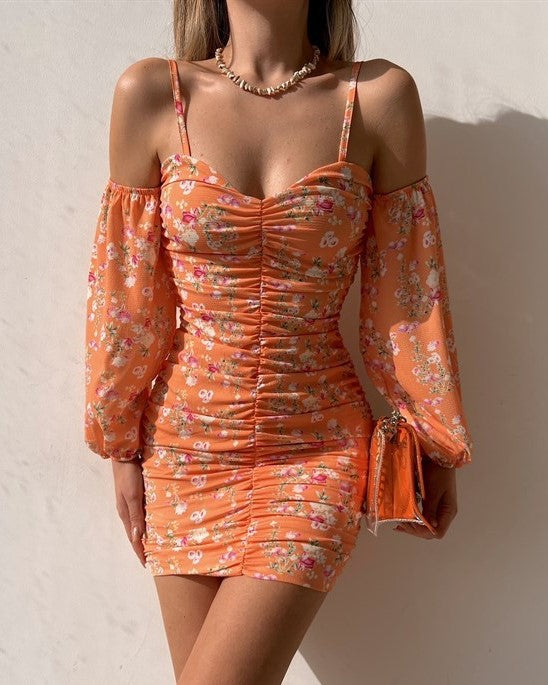 Floral Ruched Cold Shoulder Mini Dress - Orange