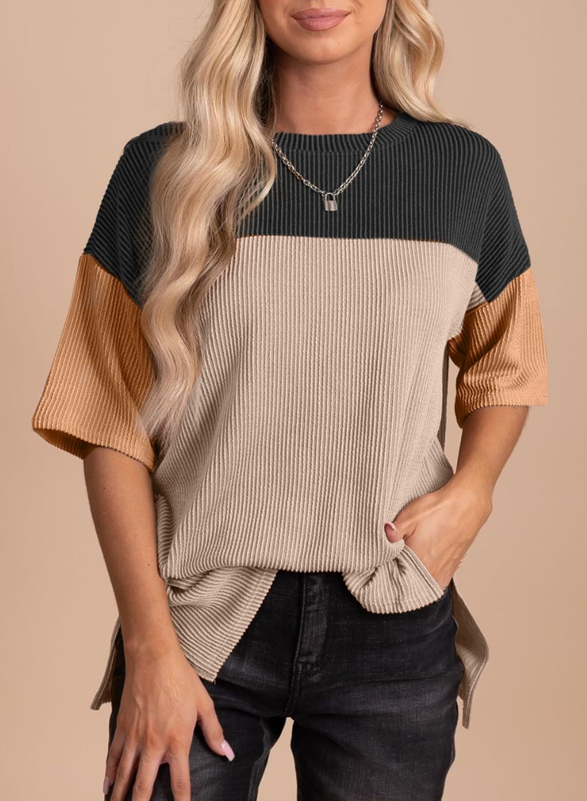 Color Block Ribbed Drop Shoulder Knit Top - Black