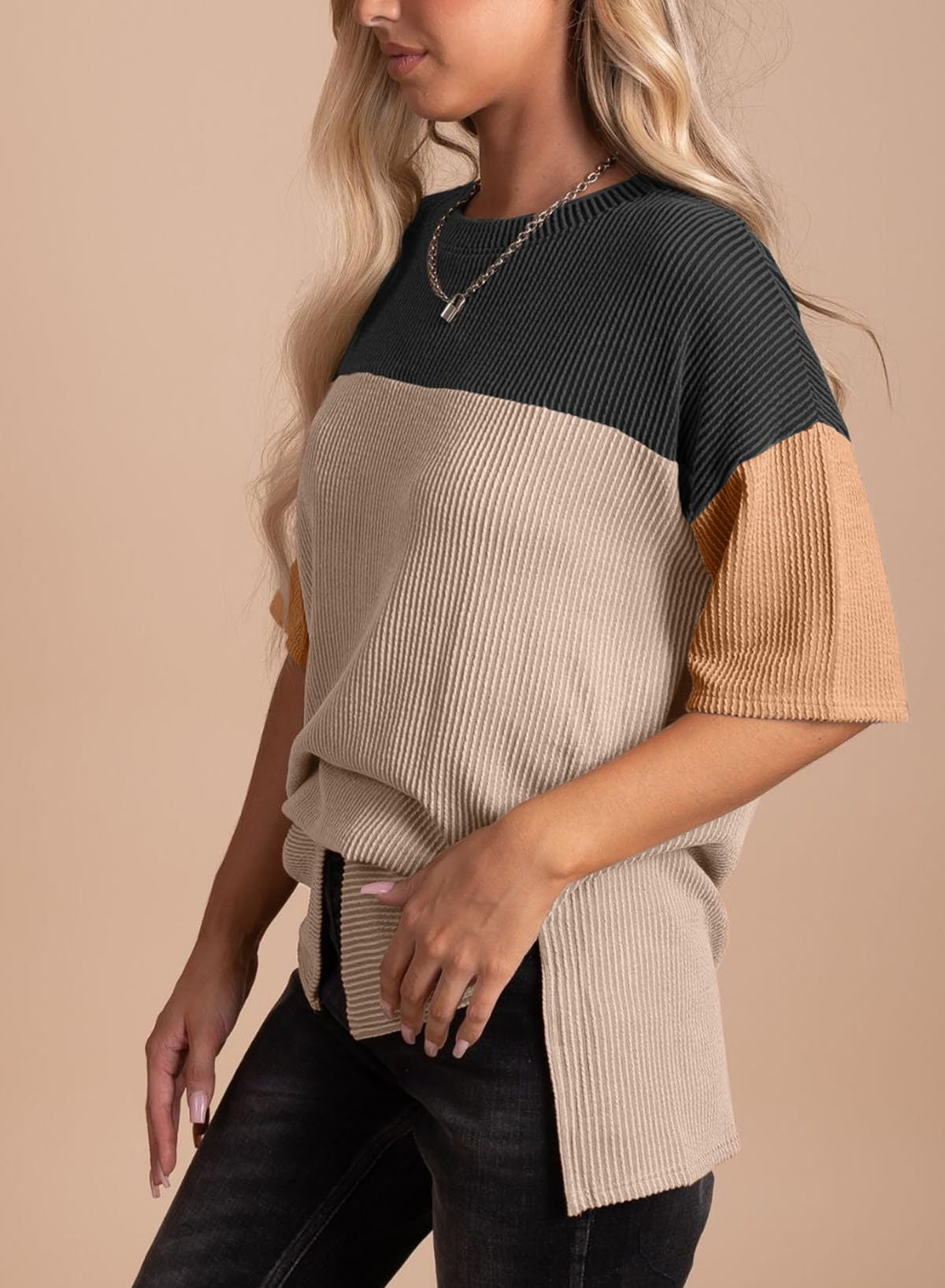 Color Block Ribbed Drop Shoulder Knit Top - Black - 1