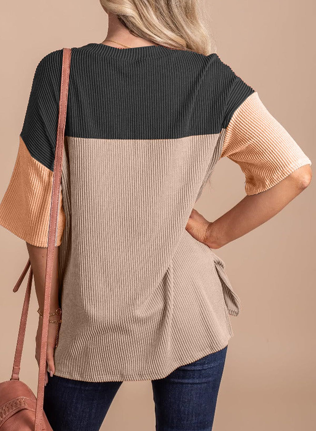 Color Block Ribbed Drop Shoulder Knit Top - Black - 2