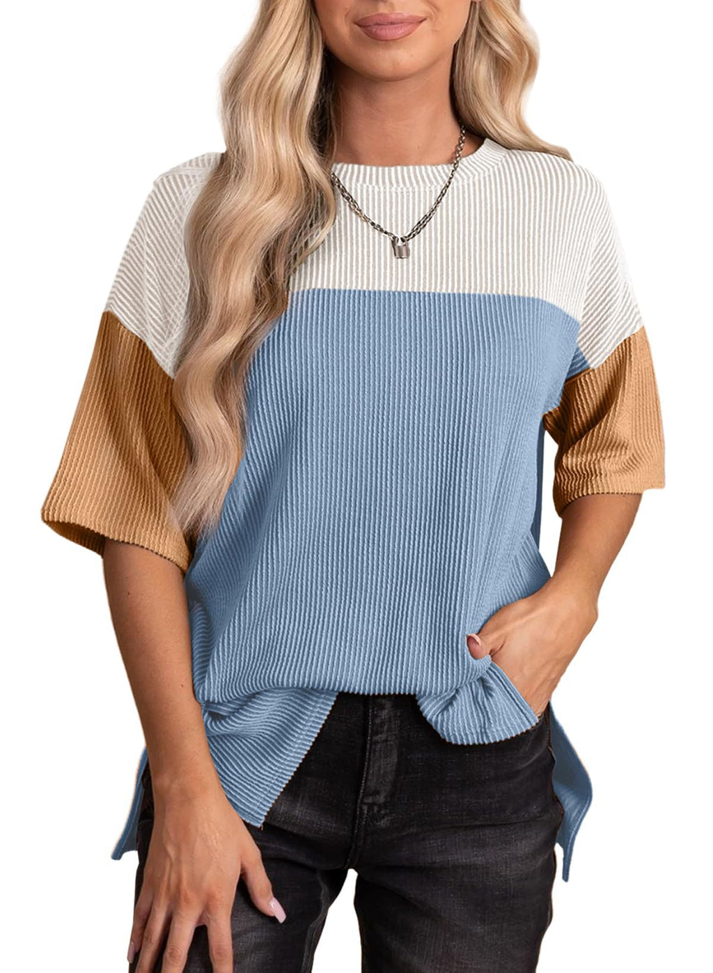 Color Block Ribbed Drop Shoulder Knit Top - Blue