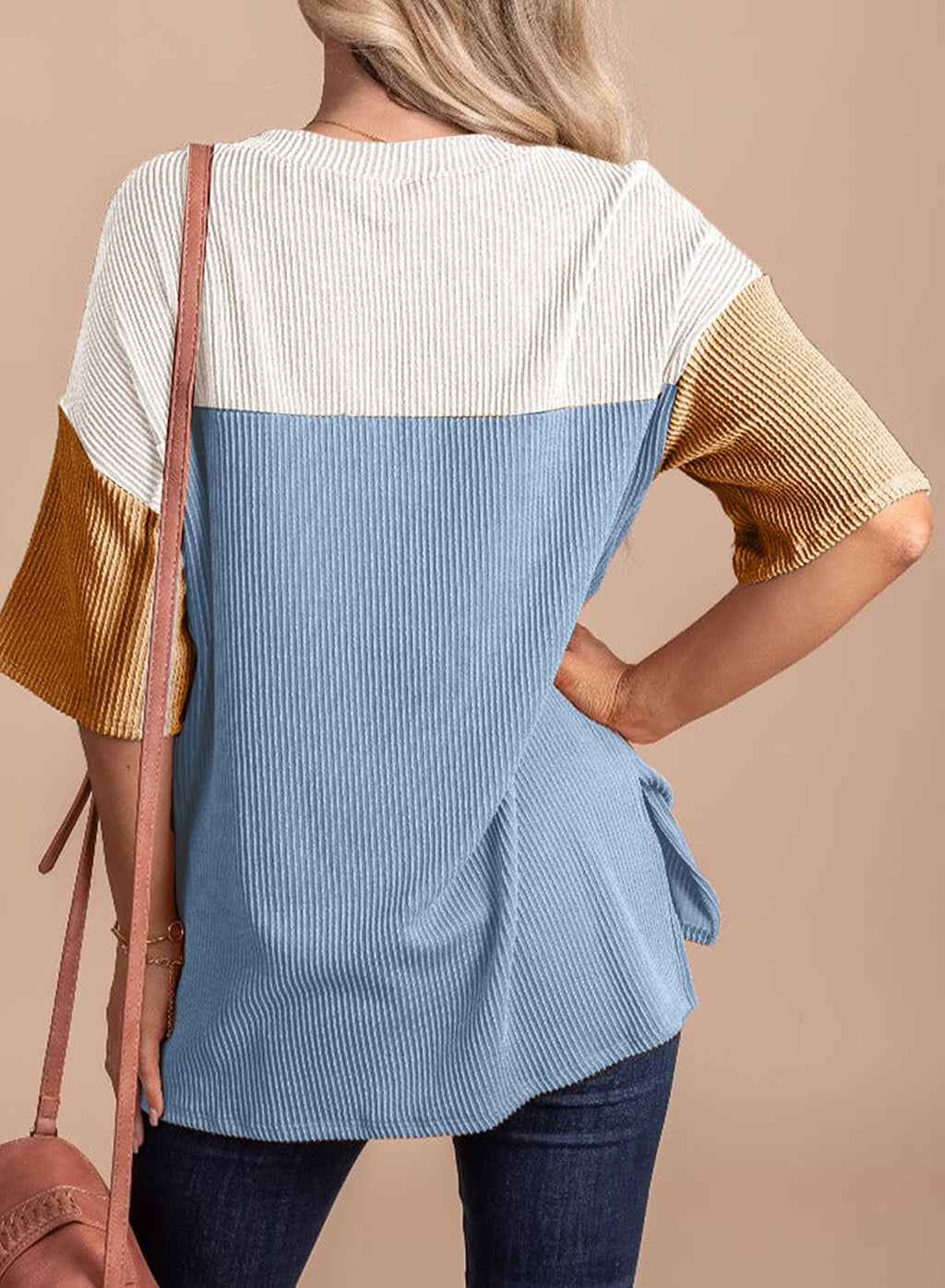 Color Block Ribbed Drop Shoulder Knit Top - Blue - 1