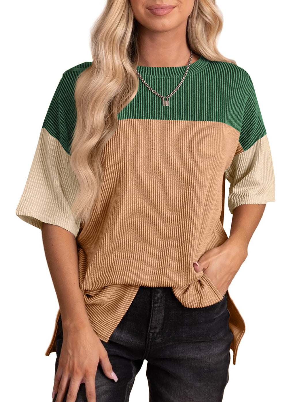 Color Block Ribbed Drop Shoulder Knit Top - Green