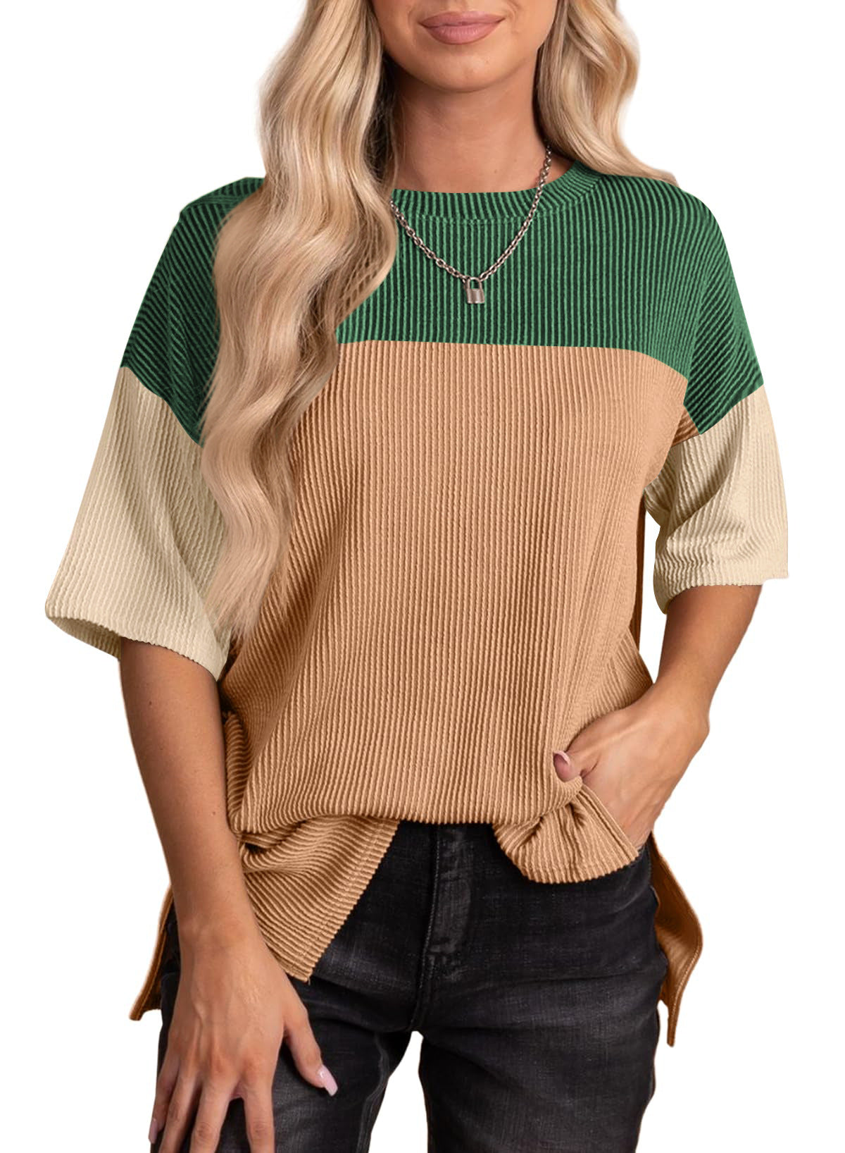 Color Block Ribbed Drop Shoulder Knit Top - Green