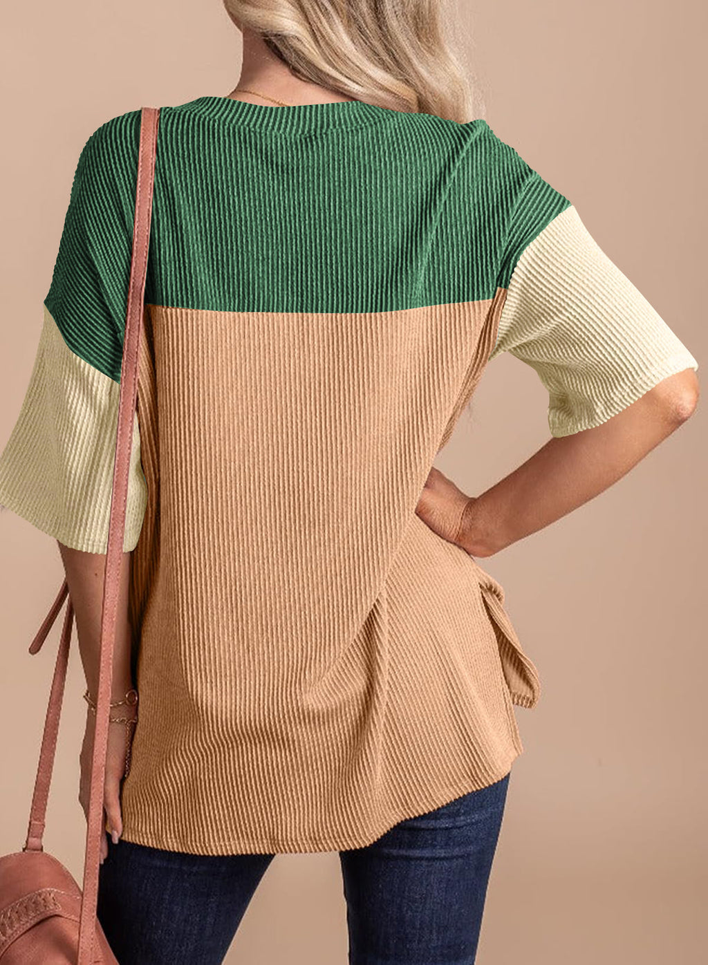 Color Block Ribbed Drop Shoulder Knit Top - Green - 1