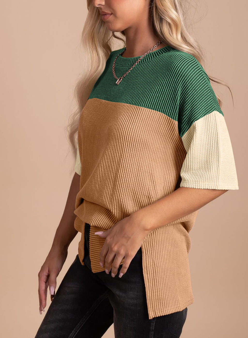 Color Block Ribbed Drop Shoulder Knit Top - Green - 2