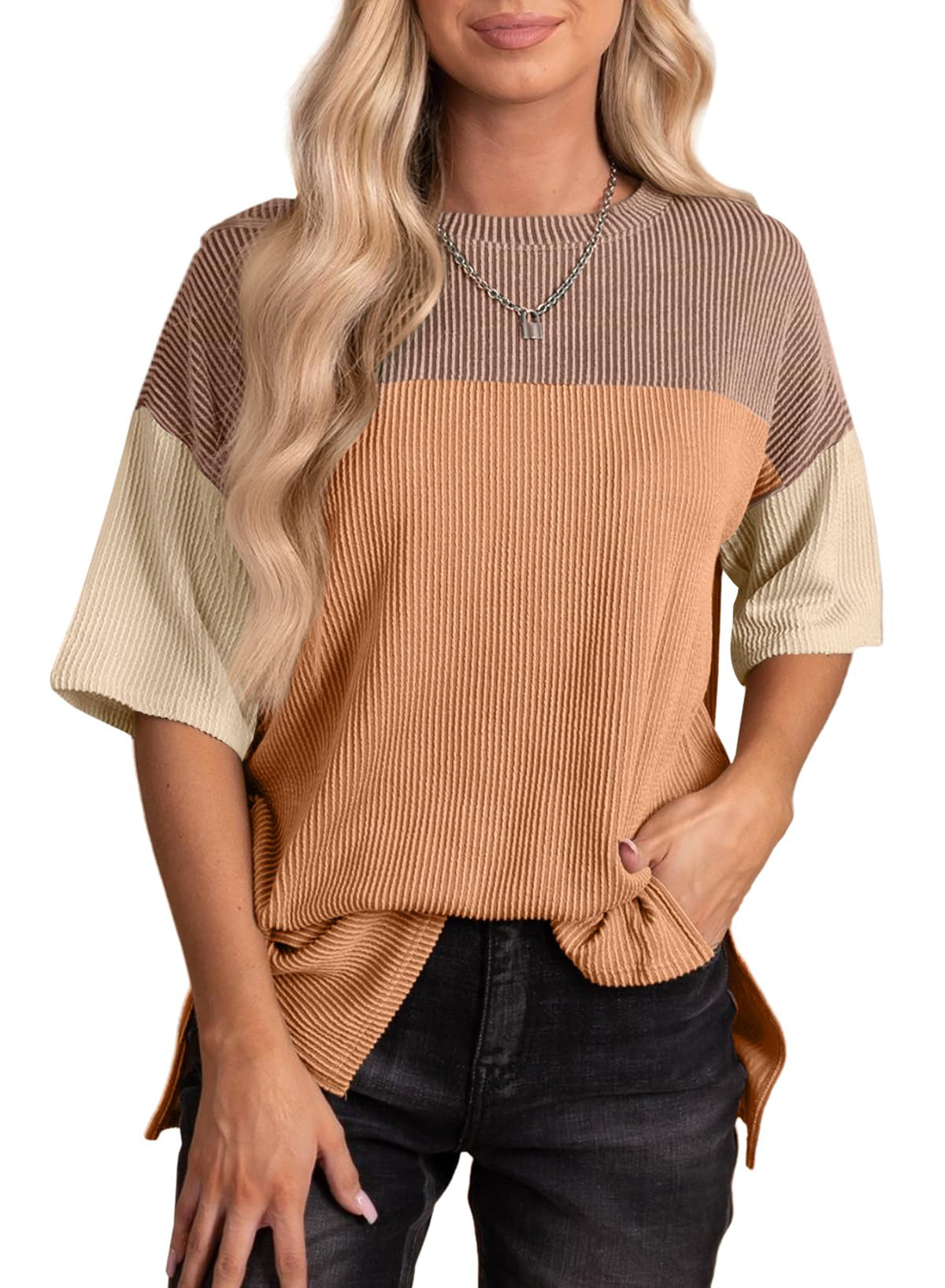 Color Block Ribbed Drop Shoulder Knit Top - Khaki