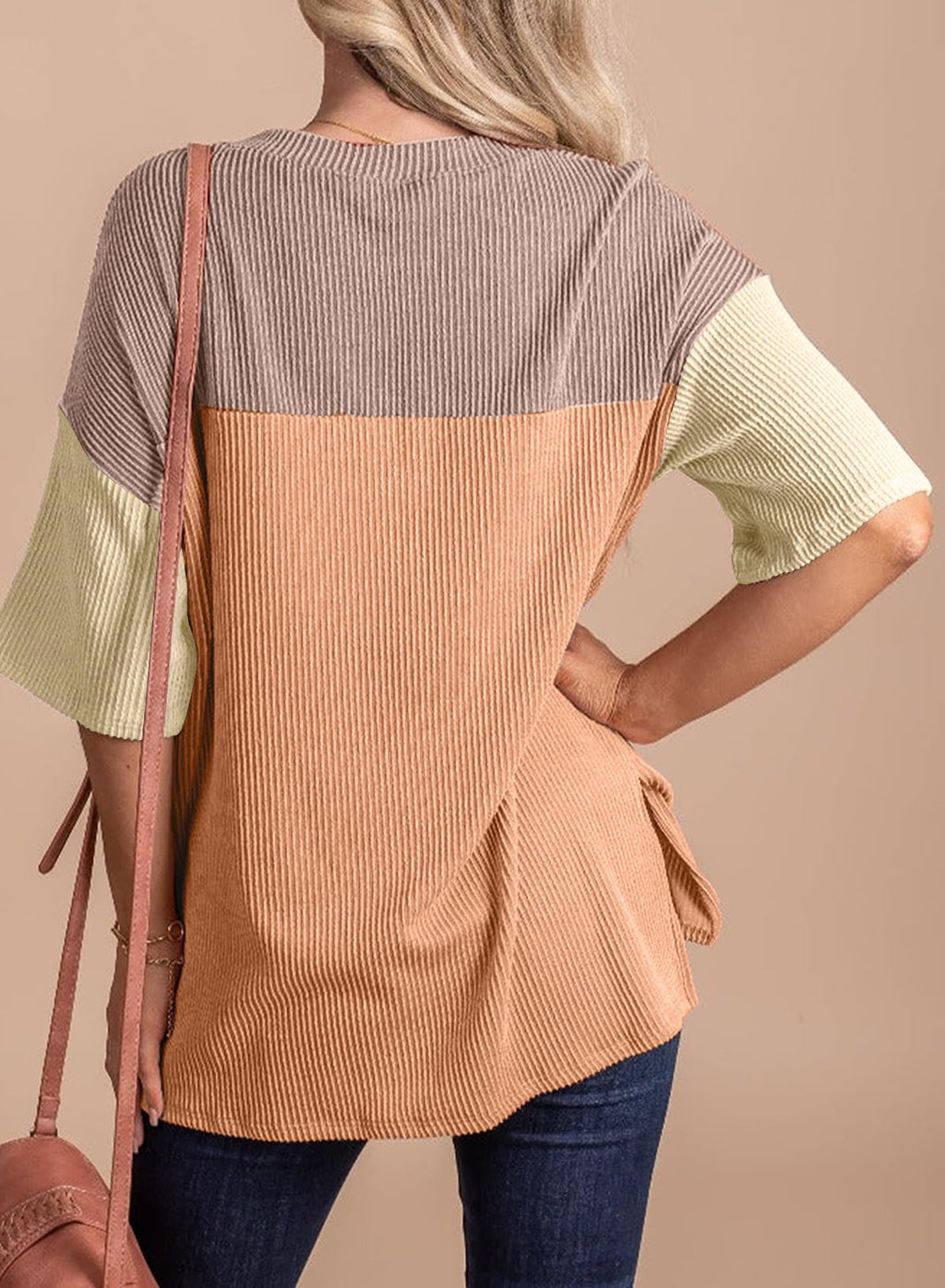 Color Block Ribbed Drop Shoulder Knit Top - Khaki - 1