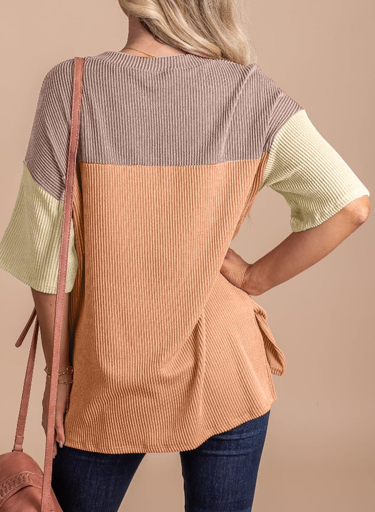 Color Block Ribbed Drop Shoulder Knit Top - Khaki - 1