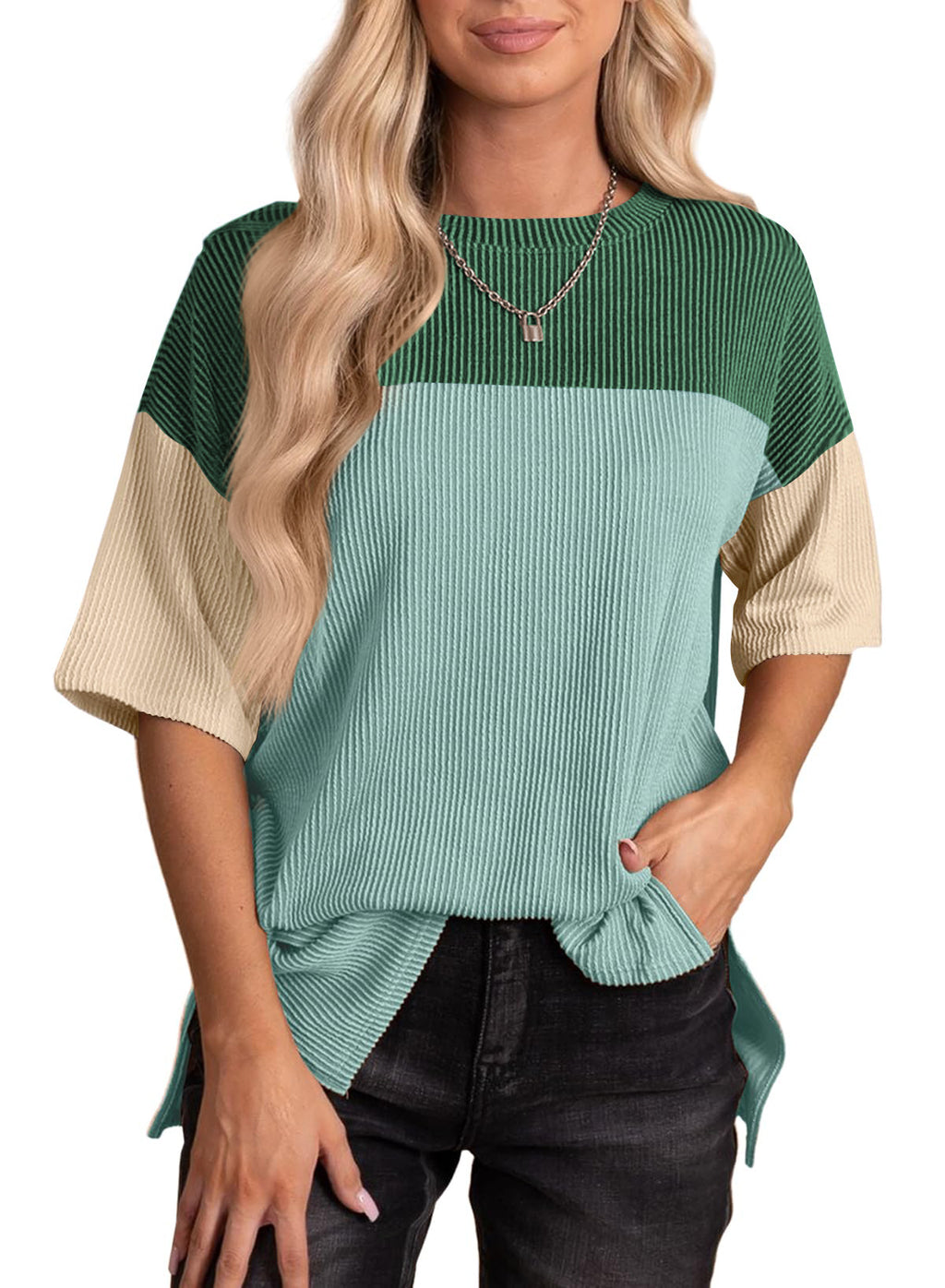 Color Block Ribbed Drop Shoulder Knit Top - LakeBlue