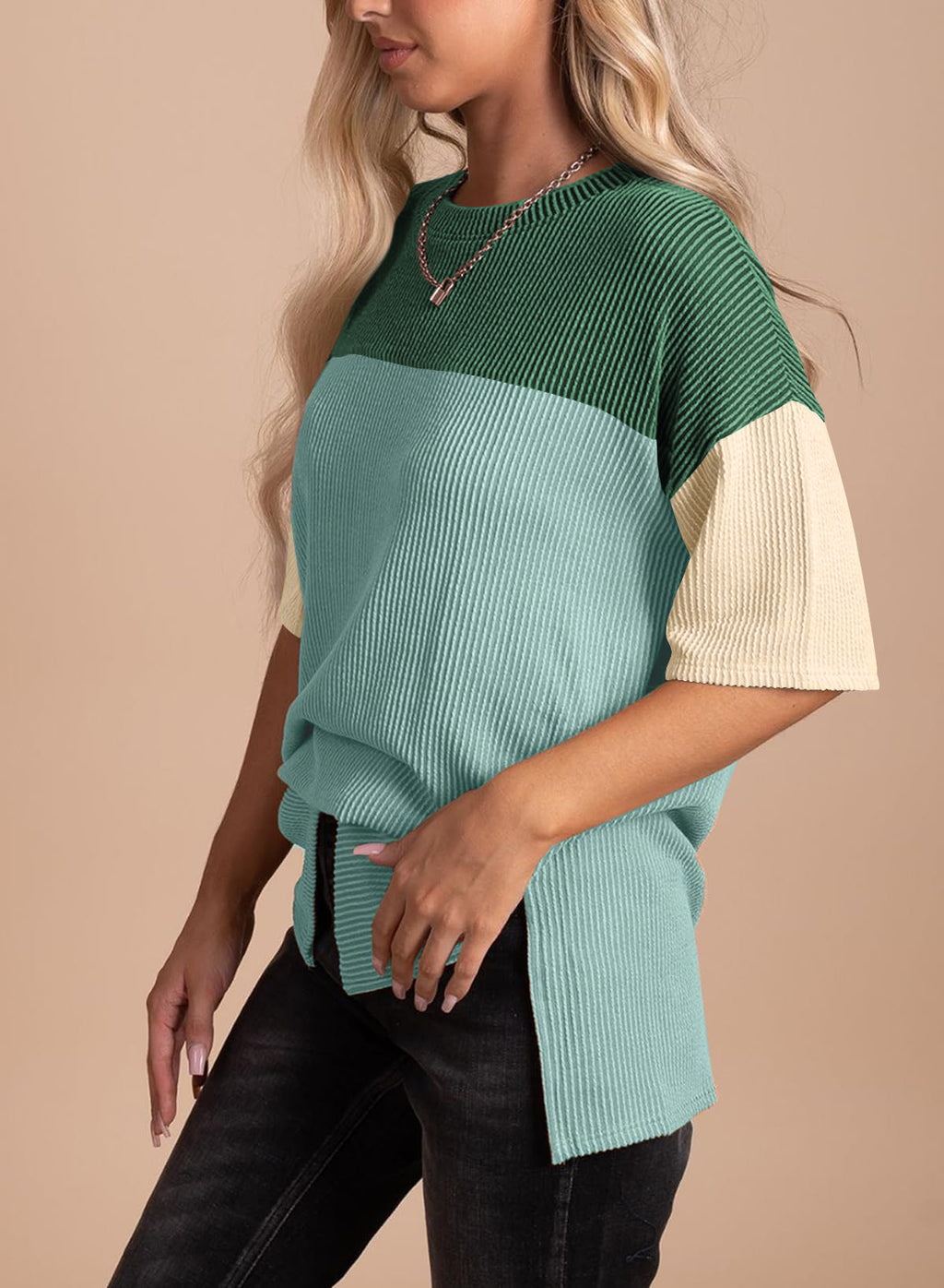 Color Block Ribbed Drop Shoulder Knit Top - LakeBlue - 1