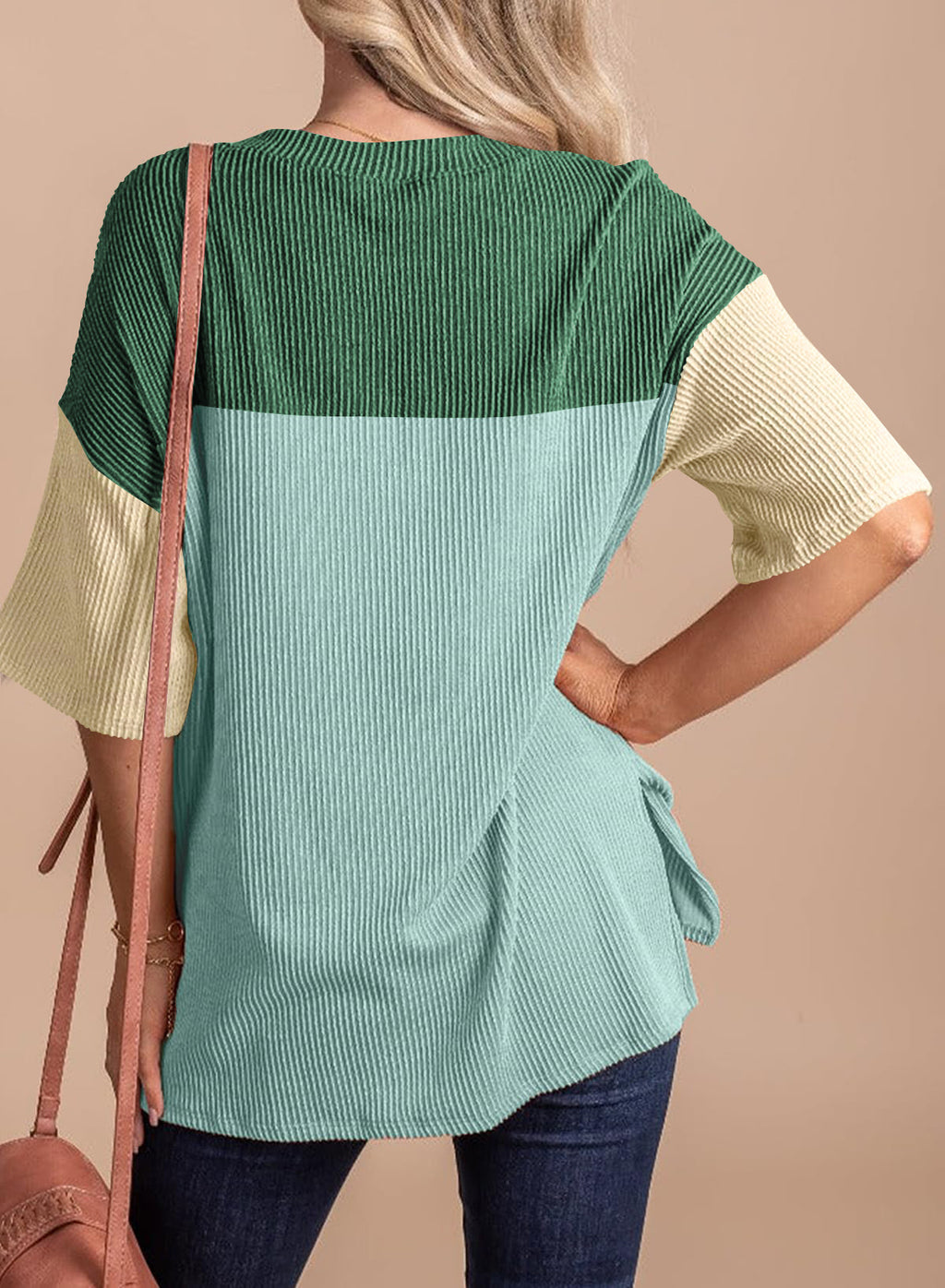 Color Block Ribbed Drop Shoulder Knit Top - LakeBlue - 2