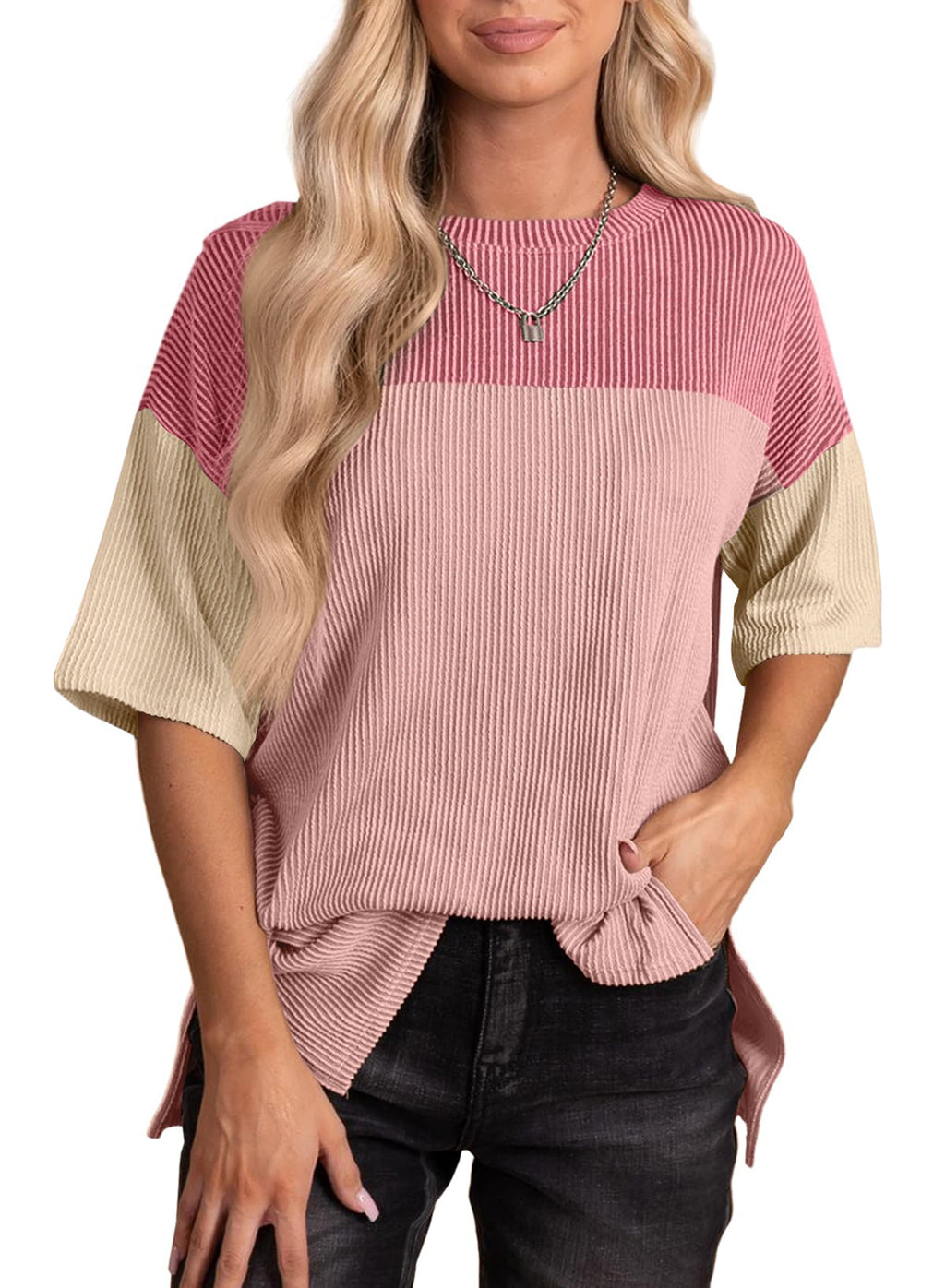 Color Block Ribbed Drop Shoulder Knit Top - Pink