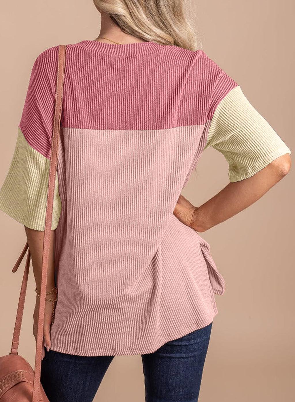 Color Block Ribbed Drop Shoulder Knit Top - Pink - 1