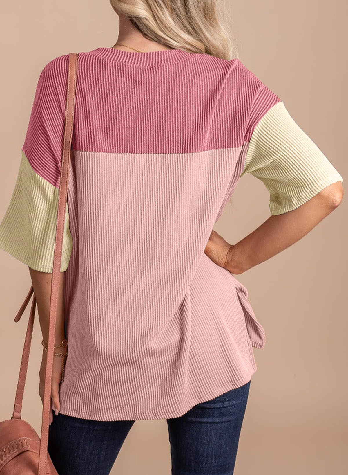 Color Block Ribbed Drop Shoulder Knit Top - Pink - 1
