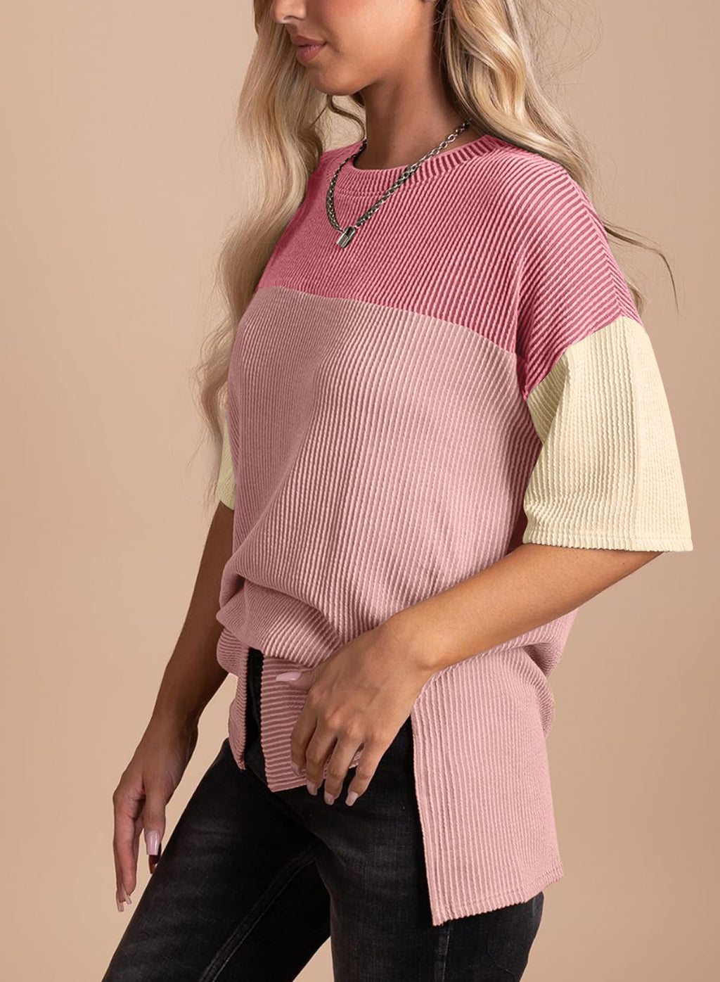 Color Block Ribbed Drop Shoulder Knit Top - Pink - 2