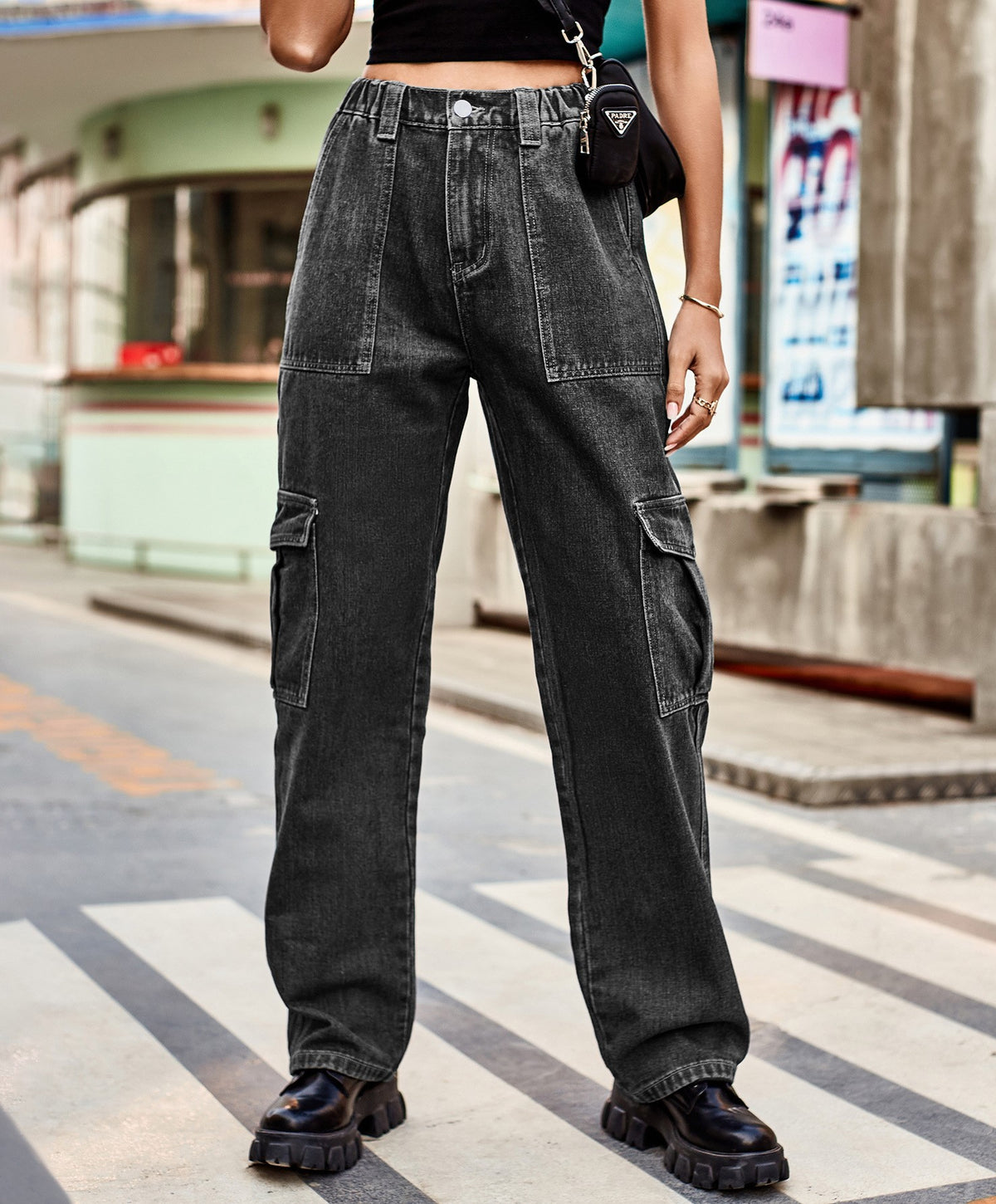 Panelled Straight Leg Cargo Jeans - Black
