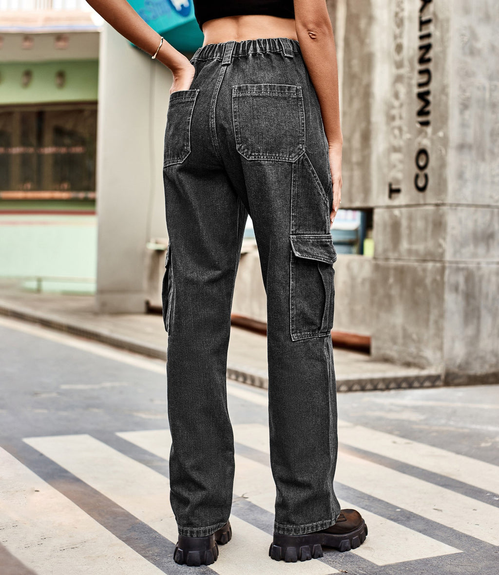 Panelled Straight Leg Cargo Jeans - Black - 1