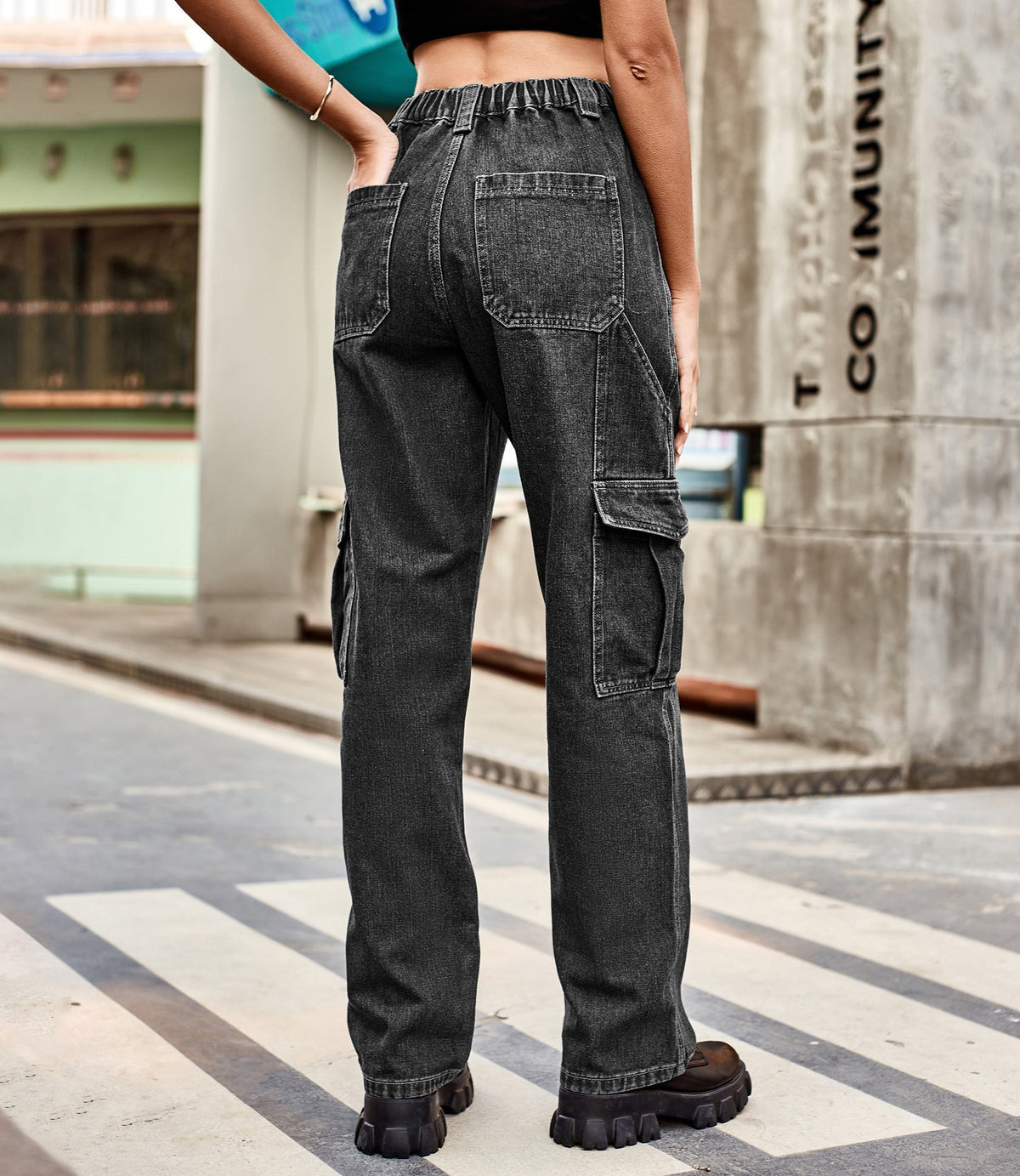 Panelled Straight Leg Cargo Jeans - Black - 1