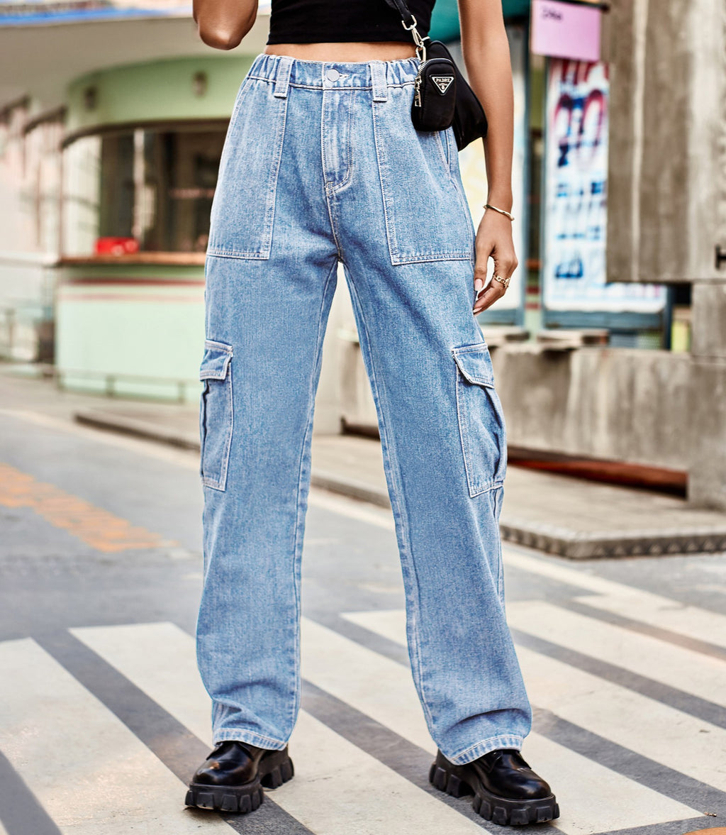 Panelled Straight Leg Cargo Jeans - Blue