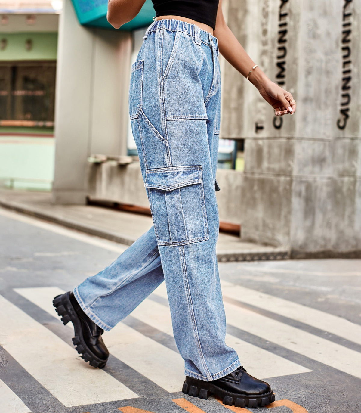 Panelled Straight Leg Cargo Jeans - Blue - 1