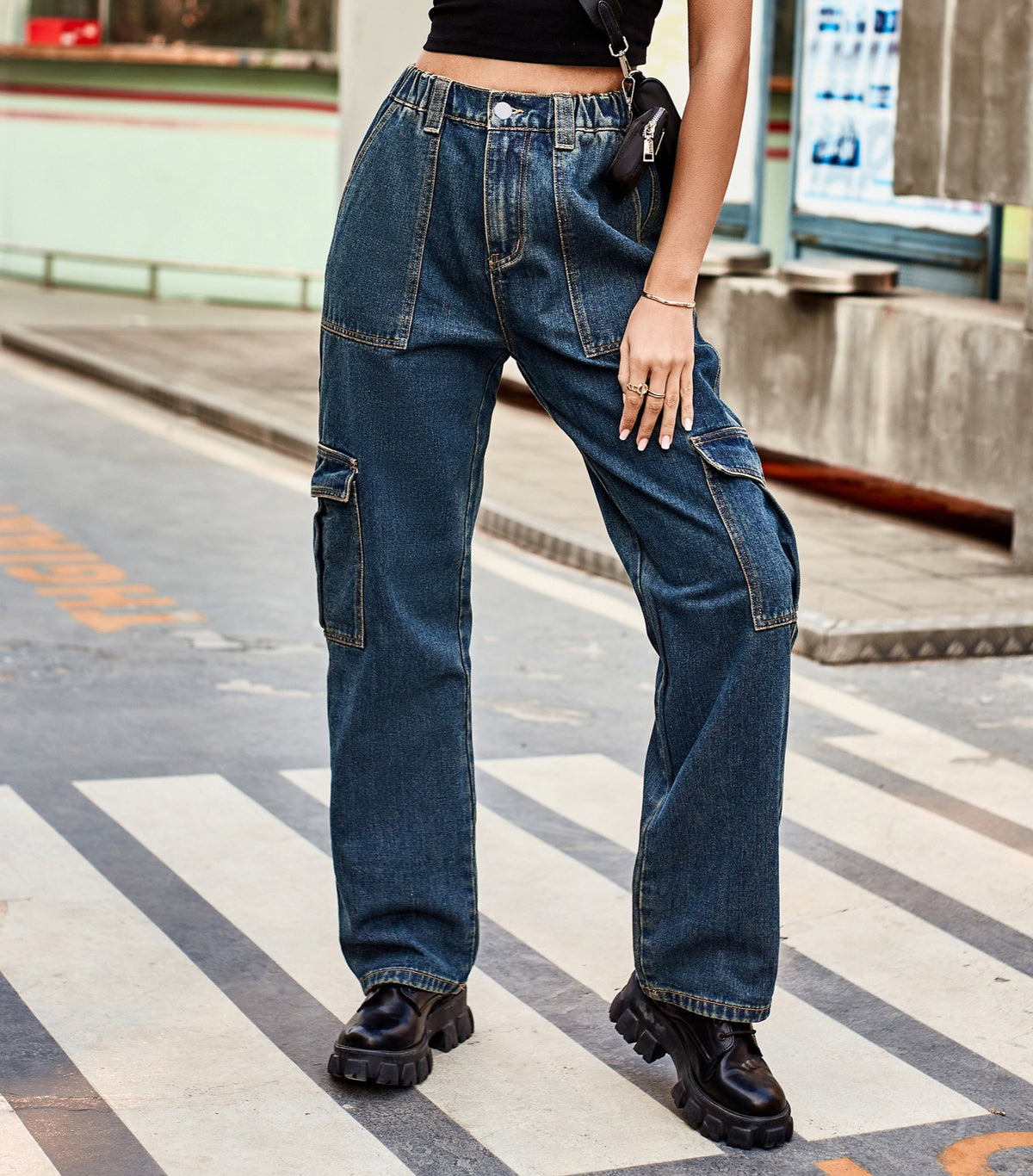 Panelled Straight Leg Cargo Jeans - Darkblue