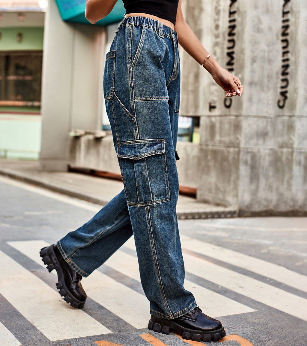 Panelled Straight Leg Cargo Jeans - Darkblue - 1