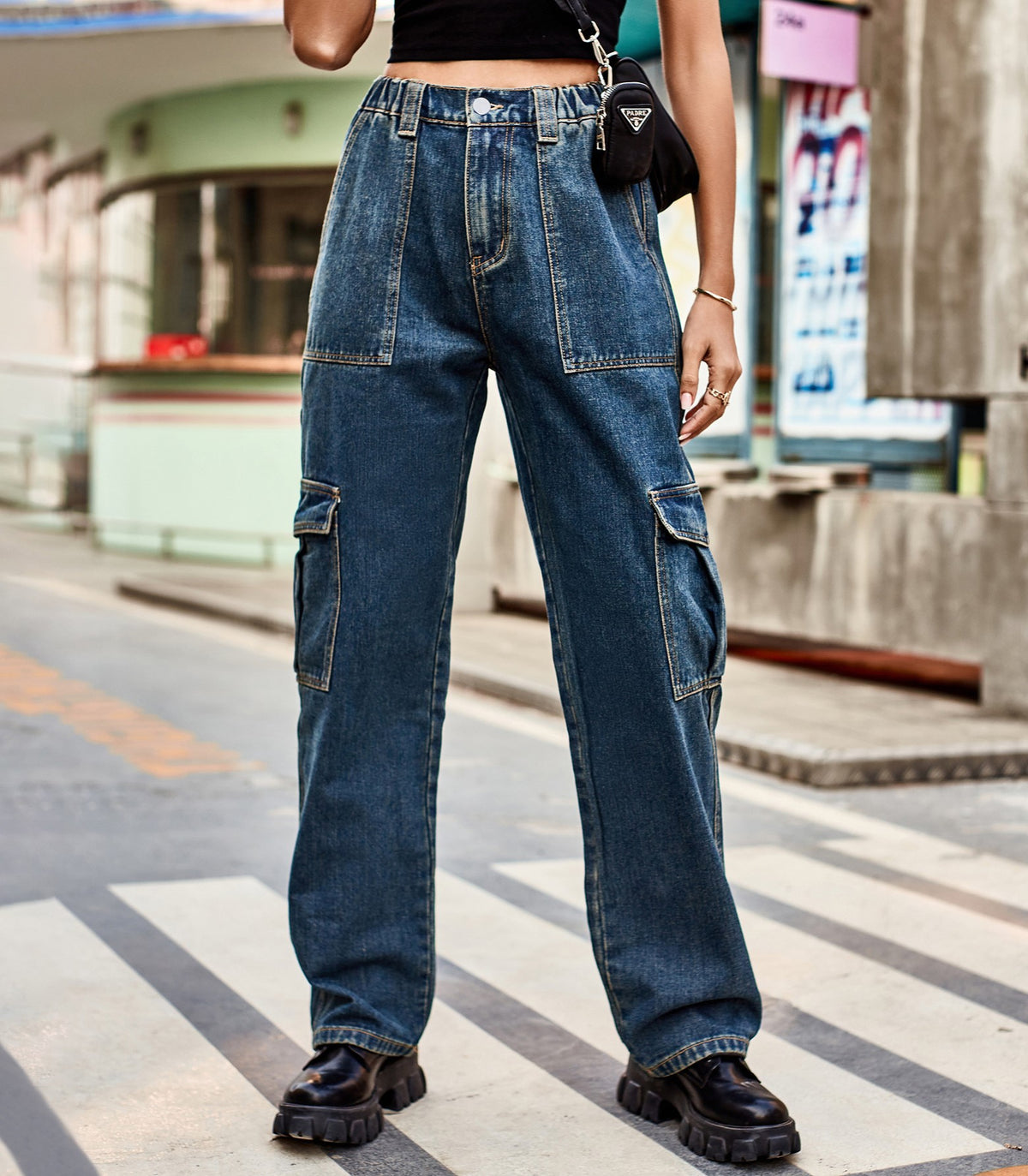 Panelled Straight Leg Cargo Jeans