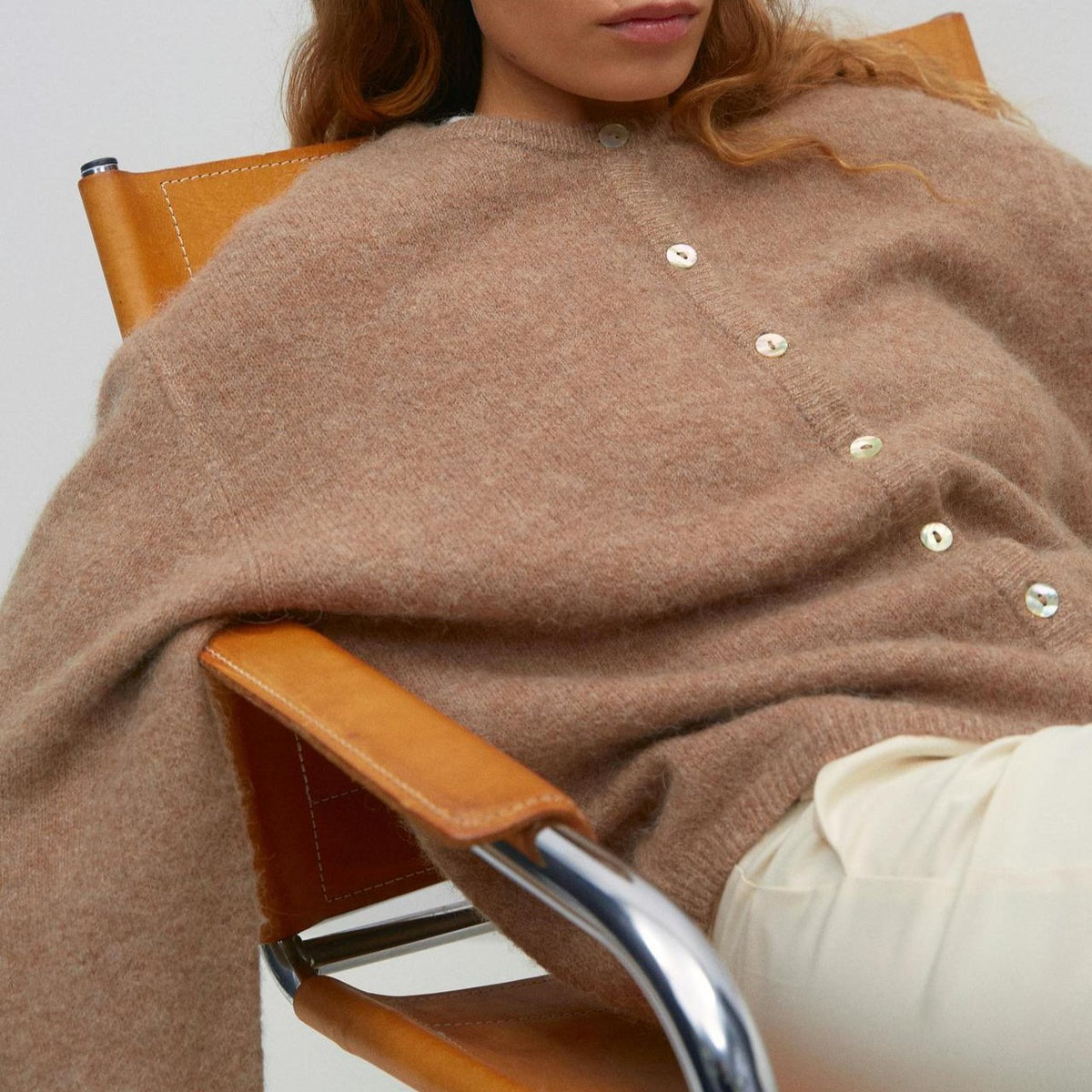 Fuzzy Wool Button Front Crew Neck Cardigan - Coco - 2