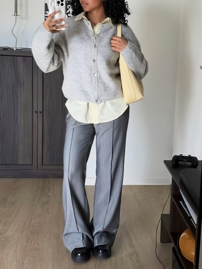 Fuzzy Wool Button Front Crew Neck Cardigan - Grey - 2