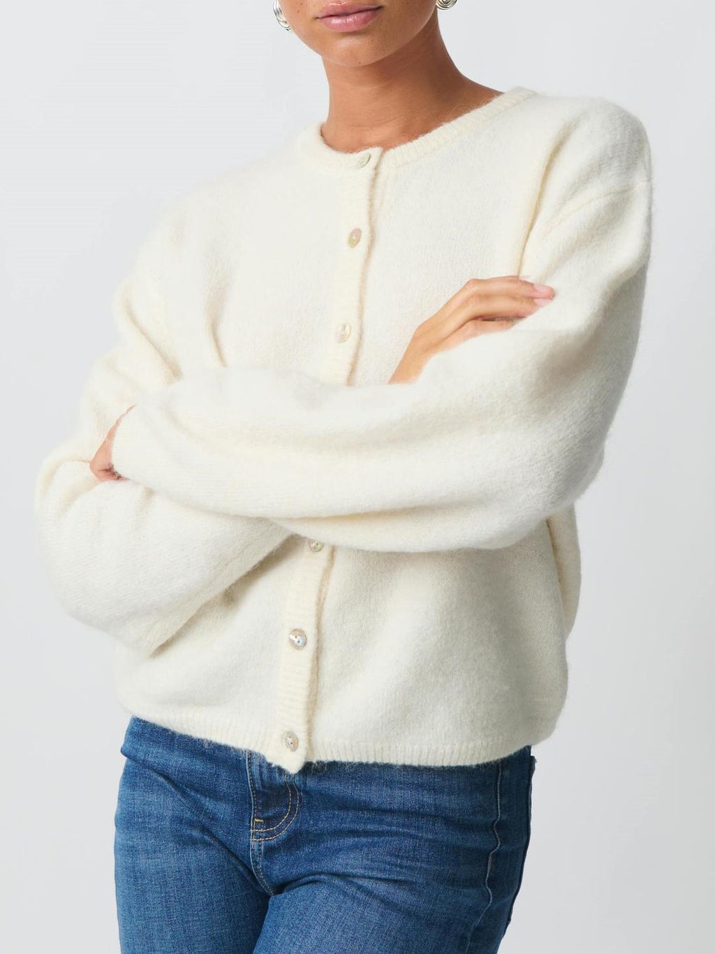Fuzzy Wool Button Front Crew Neck Cardigan - OffWhite