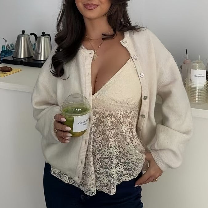 Fuzzy Wool Button Front Crew Neck Cardigan - OffWhite - 2