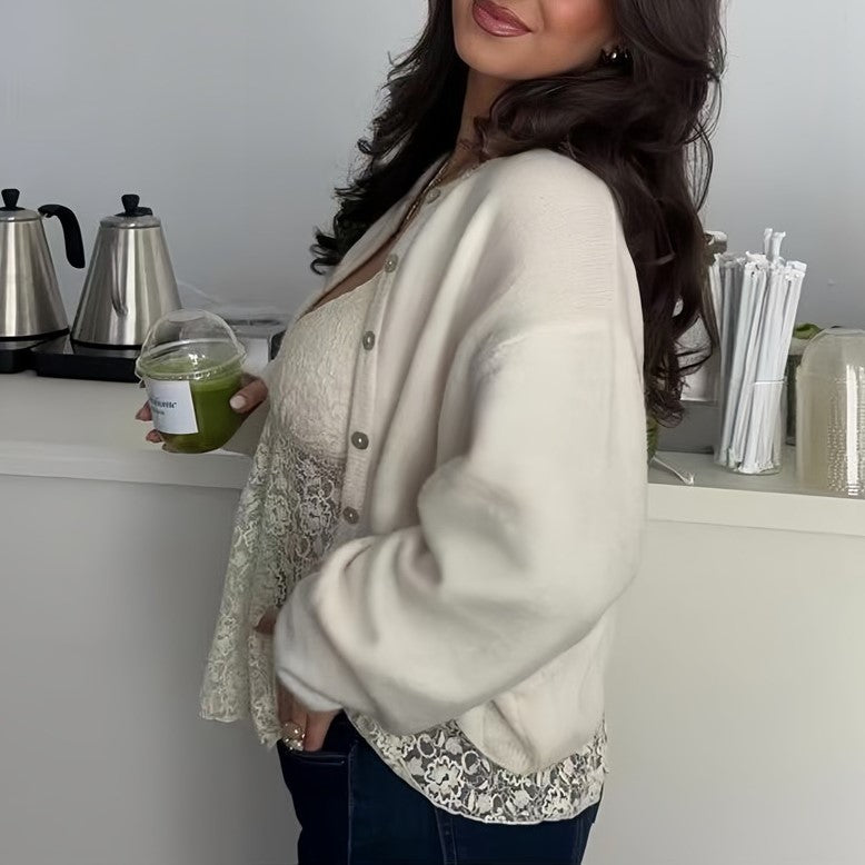 Fuzzy Wool Button Front Crew Neck Cardigan - OffWhite - 4