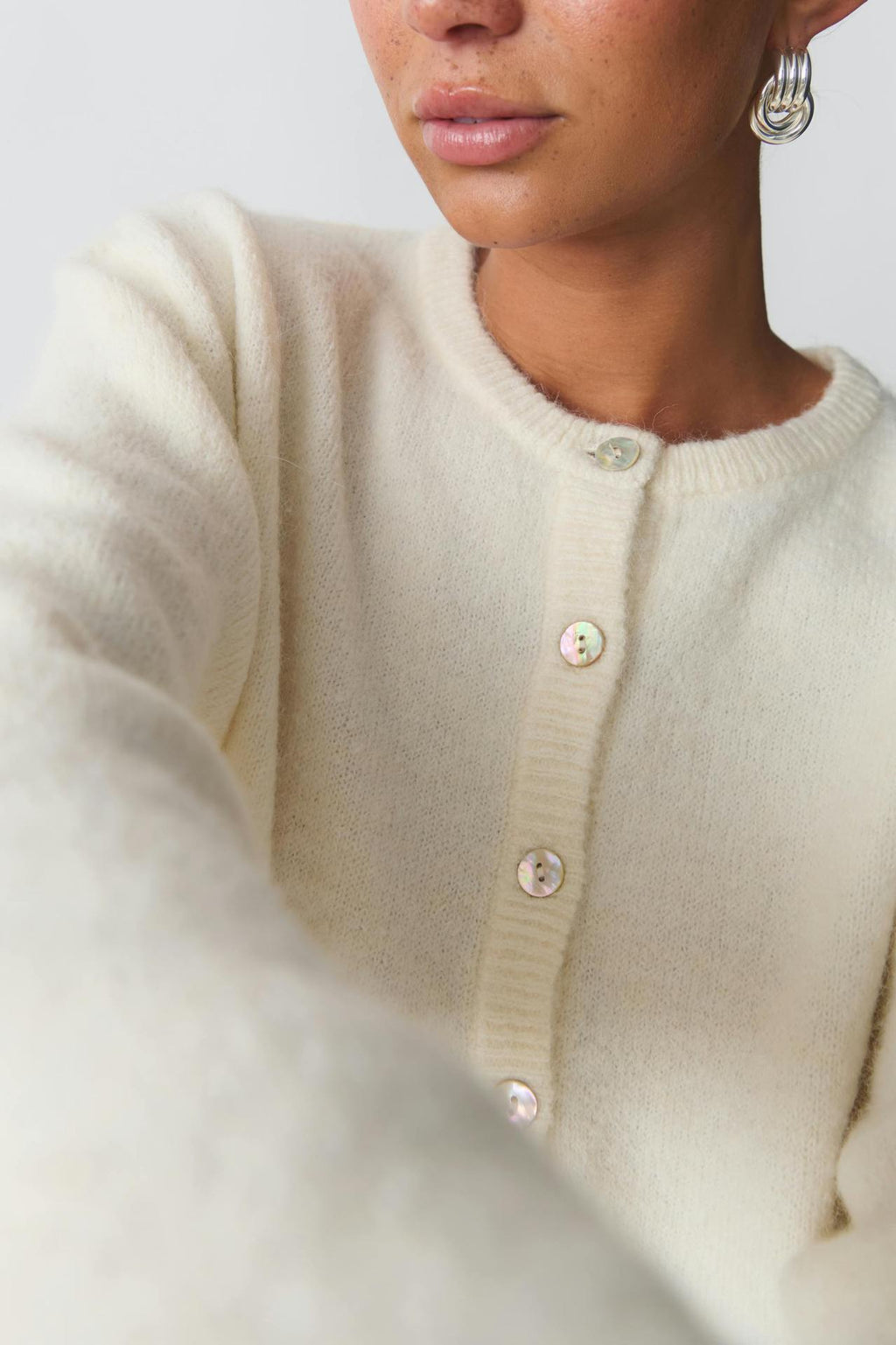 Fuzzy Wool Button Front Crew Neck Cardigan - OffWhite - 5