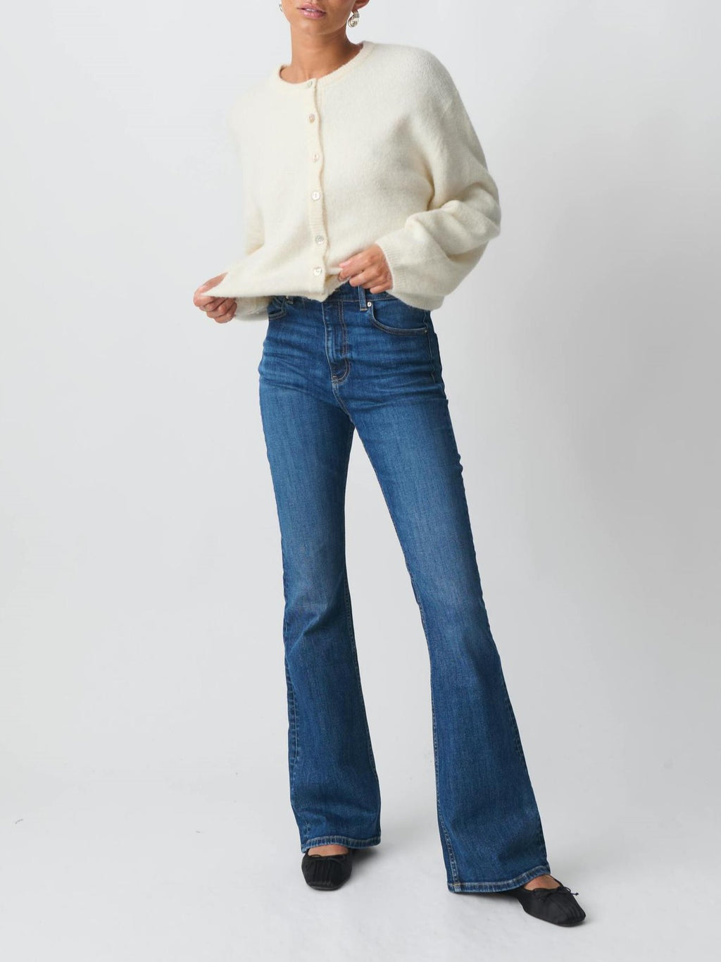 Fuzzy Wool Button Front Crew Neck Cardigan - OffWhite - 6