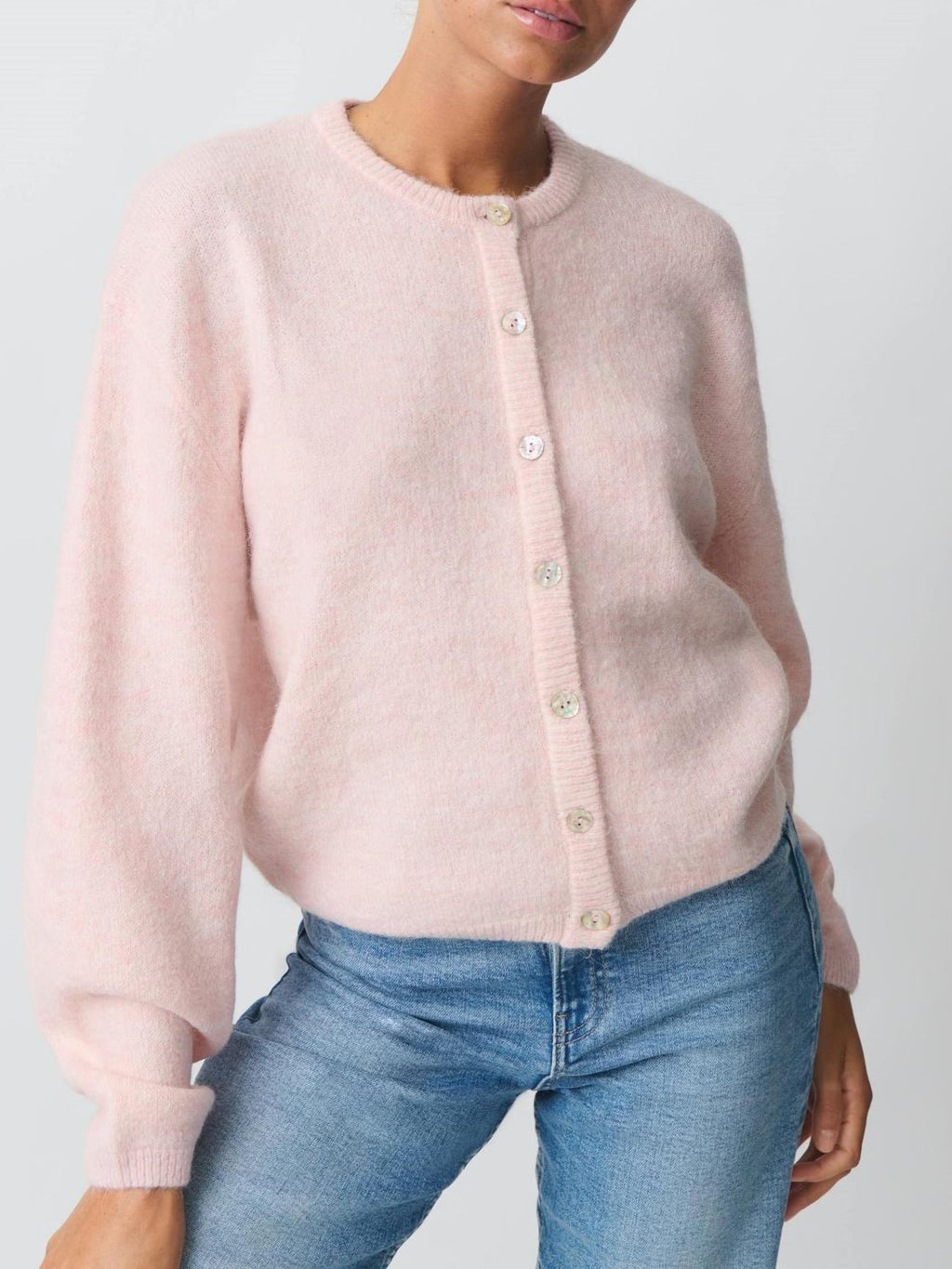 Fuzzy Wool Button Front Crew Neck Cardigan - Pink